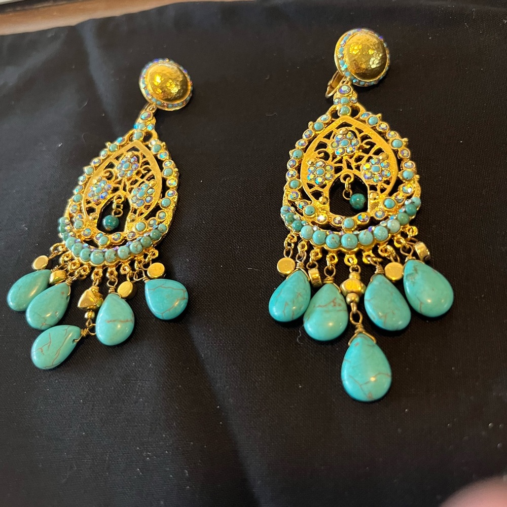 Larissa Barrera Turquoise, Gold & Crystal Chandelier Clip Earrings-